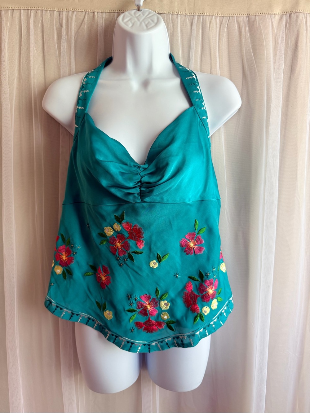 Bandolino Teal Halter Floral Embroidered Camisole sexy resort beachy